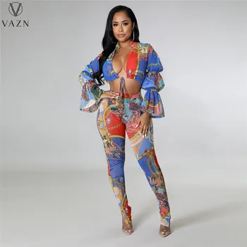 VAZN 2022 Модные Новые Сексуальные комплекты в стиле клубных вечеринок с принтом, топ с длинным рукавом и эластичными длинными брюками, комплект из 2 предметов