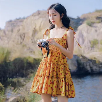 Желтое платье с цветочным принтом TingYiLi, женское Летнее Праздничное Пляжное платье в стиле бохо, Корейское милое короткое платье без рукавов с рюшами