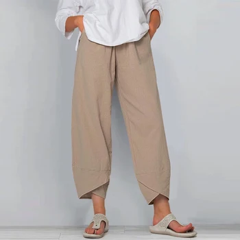 Женские брюки для отдыха с карманами свободного покроя, льняные хлопчатобумажные широкие брюки в стиле бохо, эластичный пояс, негабаритный офисный костюм для работы