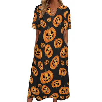 Забавное платье на Хэллоуин, Летнее платье с тыквенным лицом, уличная одежда, Повседневные длинные платья, женский дизайн, Кавайное платье Макси Большого размера