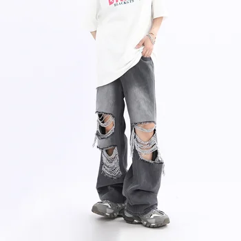 Рваные уличные джинсы для мужчин и женщин Свободного кроя С Прямыми штанинами в стиле Хип-хоп, Мешковатые брюки, Брюки Y2k